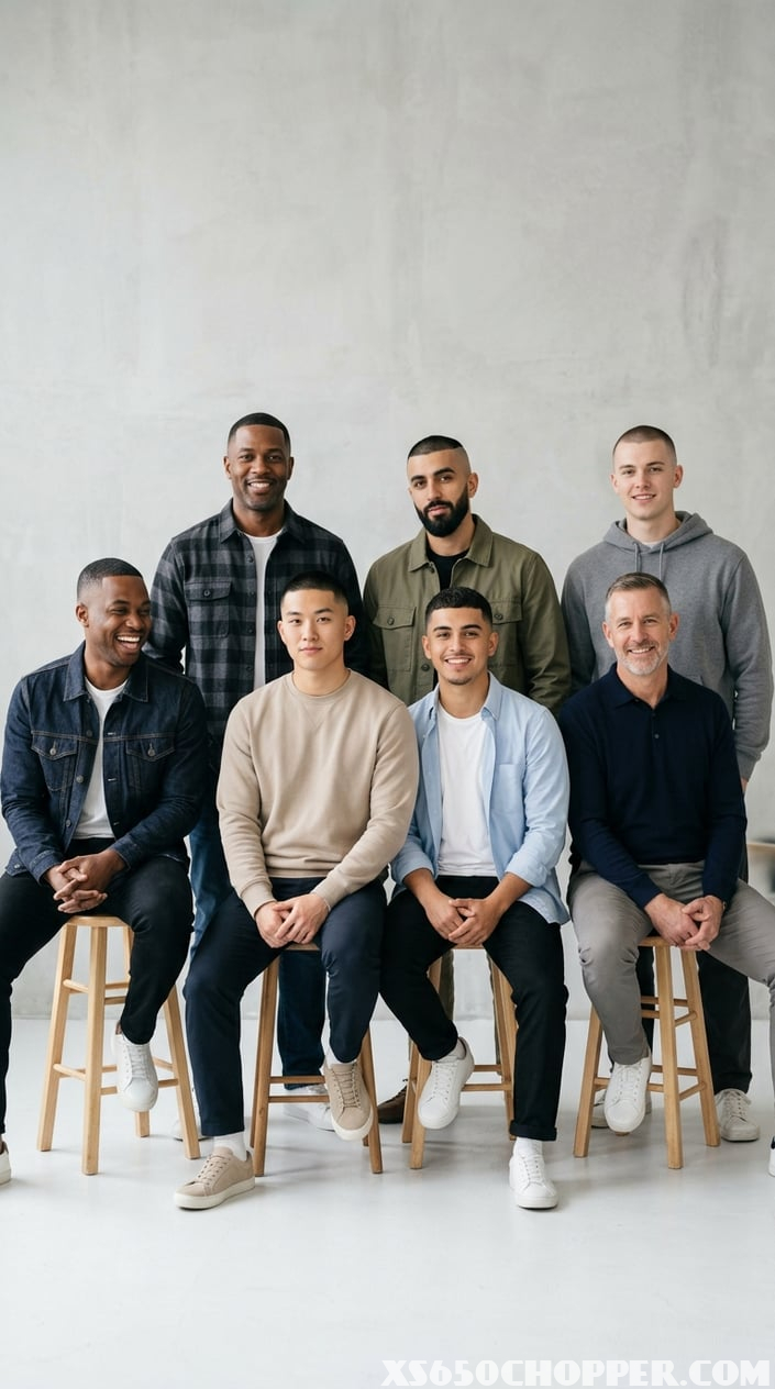 Seven men with different buzz cut hairstyles posing together in a bright studio setting.