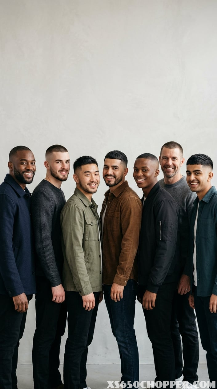 A group of men with different short hairstyles standing together in a studio with a plain background.