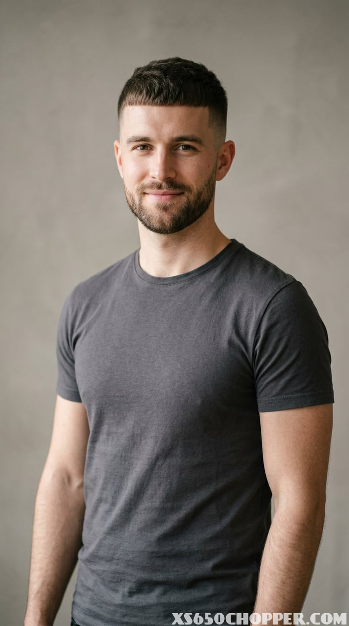 Portrait of a young man with short hair standing against a plain background.