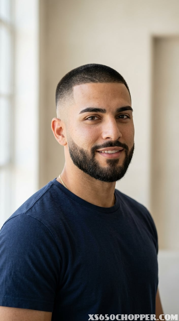 A young man with a short haircut and beard, looking confidently at the camera against a plain background.