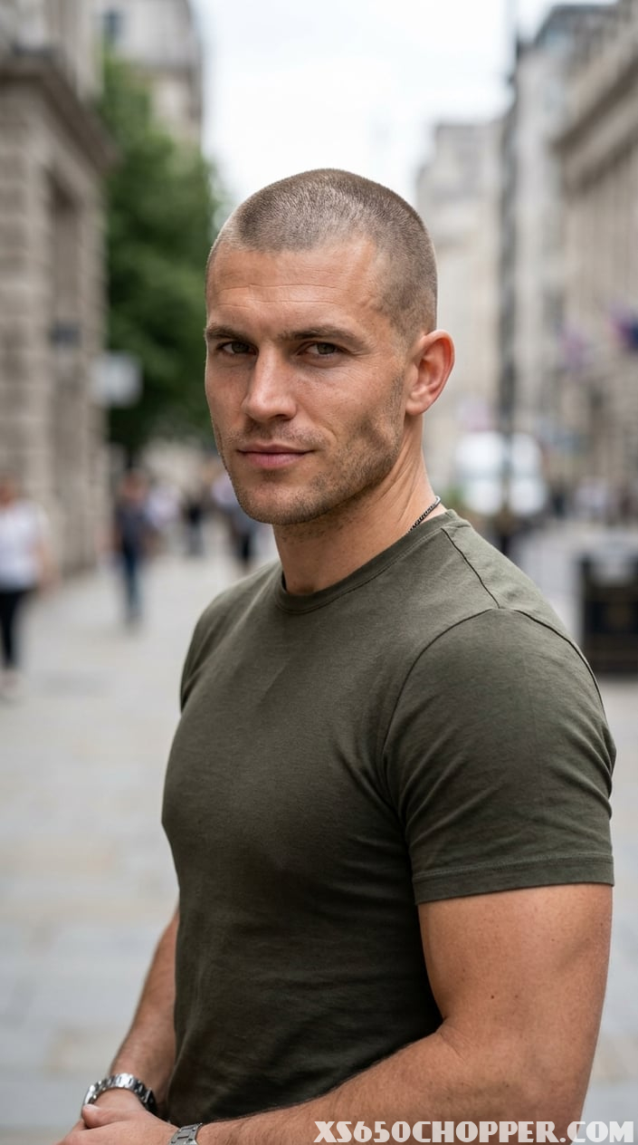 A confident man with a buzz cut hairstyle looking directly at the camera outdoors.