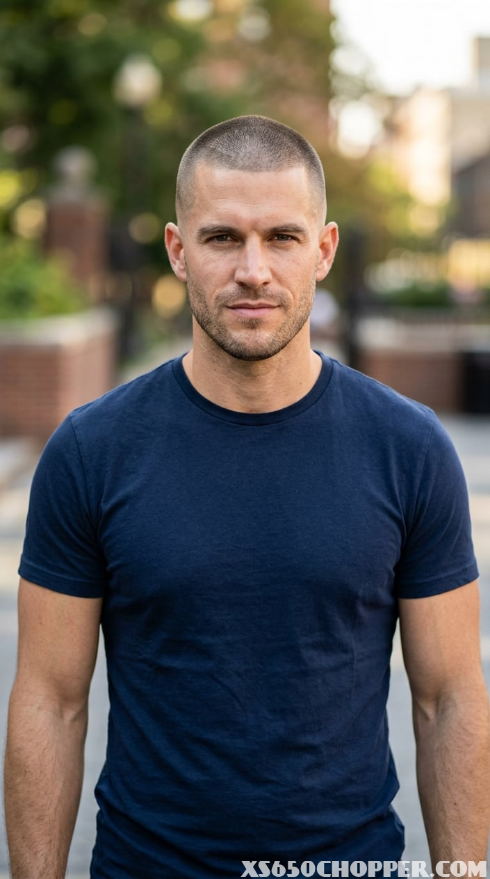 A confident man with a buzz cut looking directly at the camera against a neutral background.