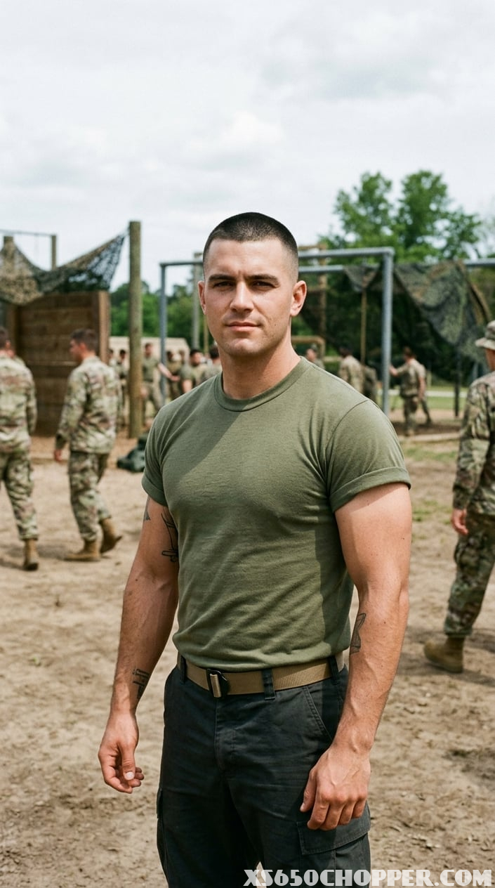 A confident man with a buzz cut in military clothing standing outdoors with a serious expression and a military training background.