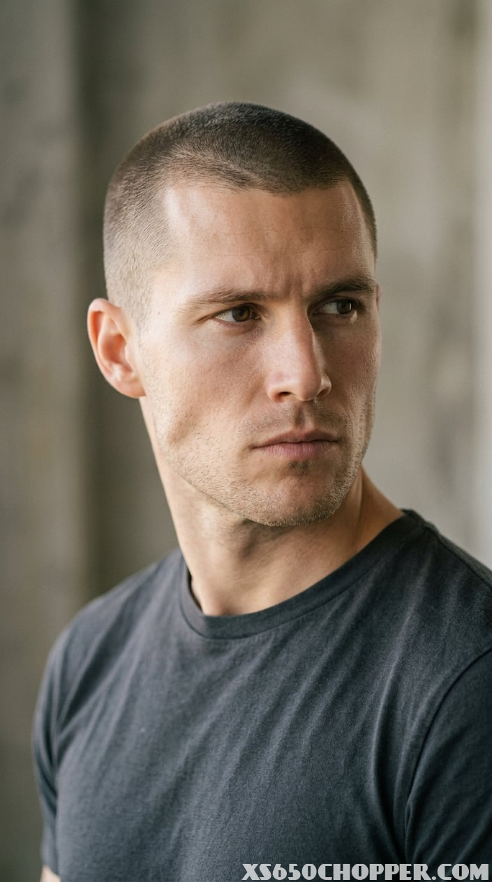 A man with a buzz cut showing a strong jawline and facial structure, looking serious and confident.