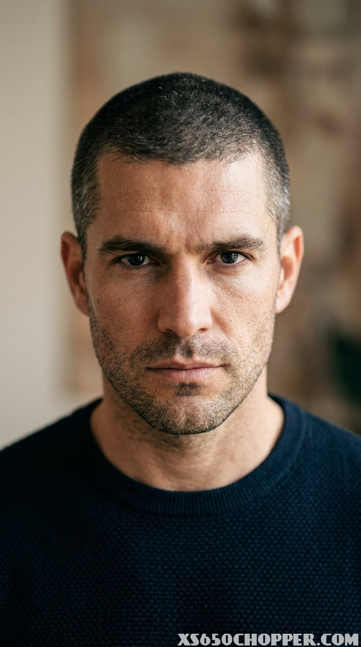 Close-up of a man with a buzz cut looking confidently into the camera, focusing on his eyes.