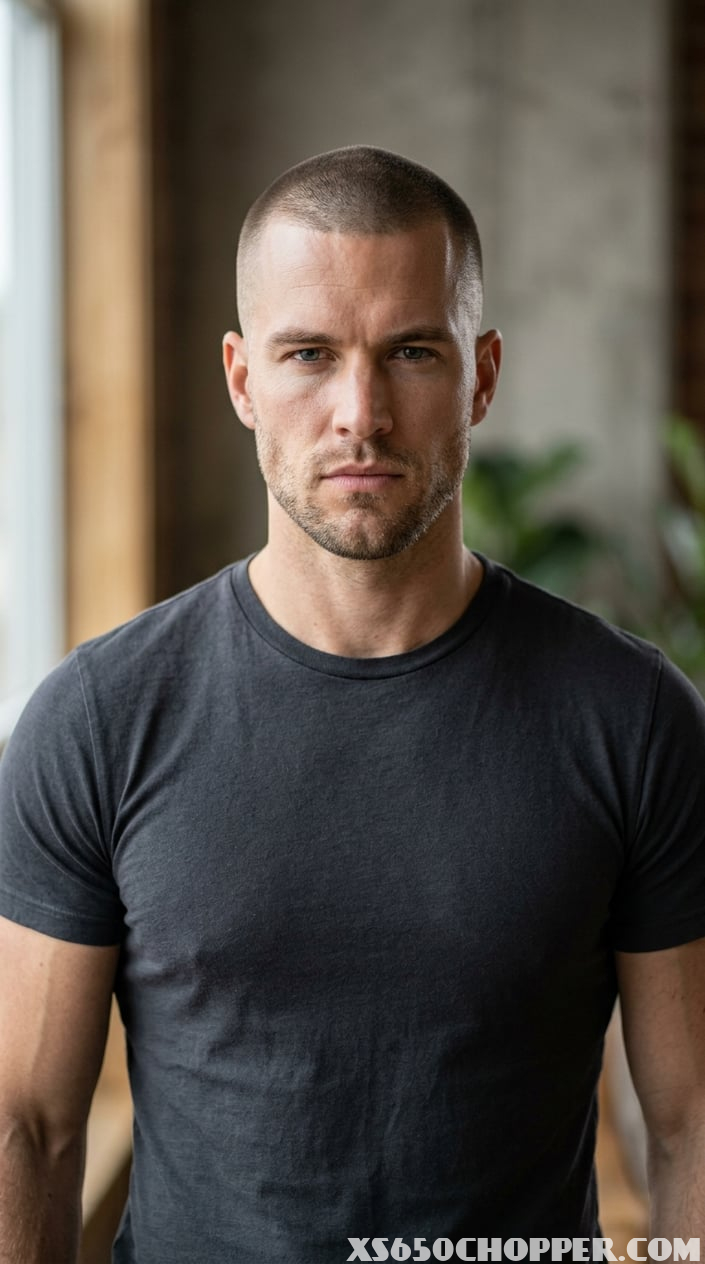 A confident man with a buzz cut looking directly at the camera with a strong expression.