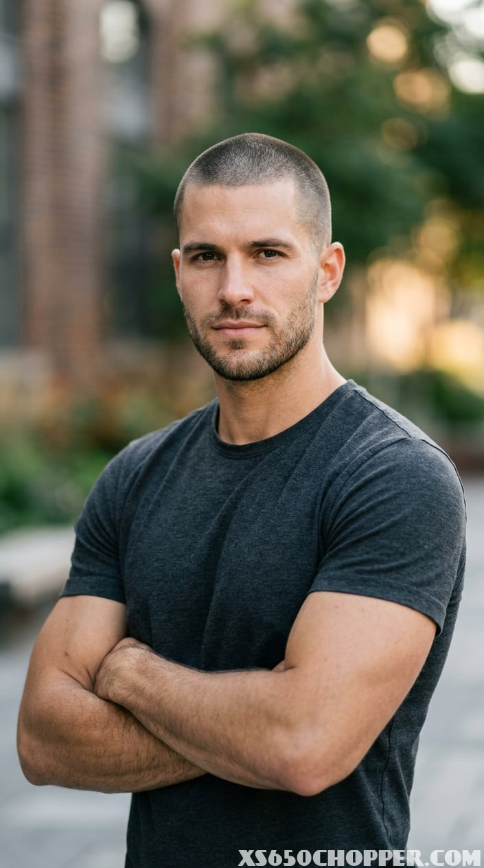 A confident man with a fresh buzz cut and a focused expression looking slightly to the side.
