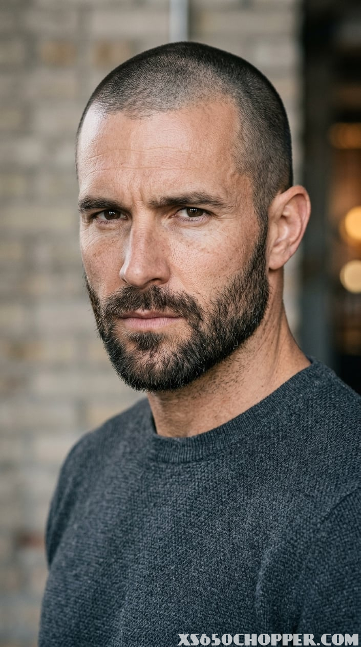 Close-up portrait of a man with a buzz cut and facial hair, looking confidently at the camera.