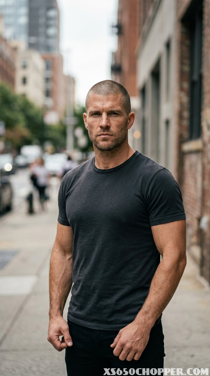 A confident man with a buzz cut and serious expression standing outdoors in an urban setting.