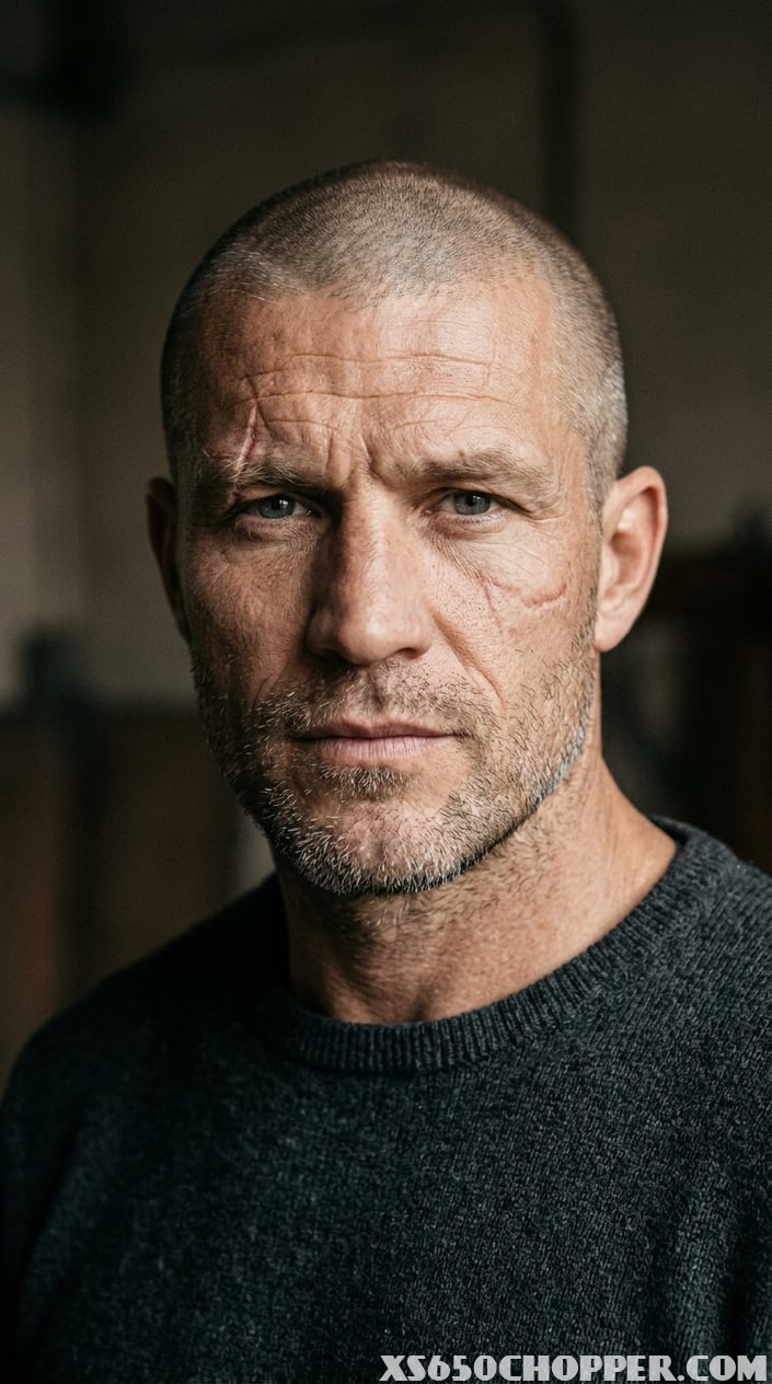 Close-up of a man with a buzz cut showing scars and facial lines, looking confident and tough.
