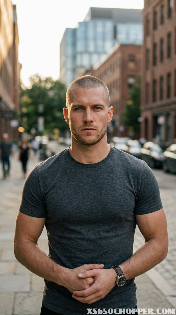 A confident man with a buzz cut standing outdoors with a serious expression.