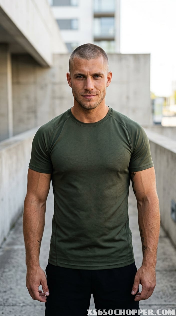 A muscular man with a buzz cut and a serious expression wearing a fitted athletic shirt against a plain background.