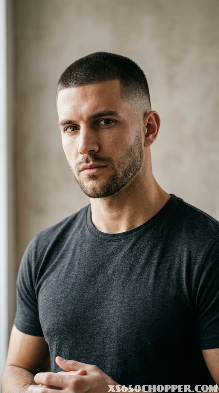 A man with a sharp buzz cut hairstyle showing a clean fade, looking confident and serious against a plain background.