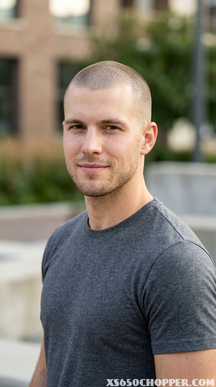 Young man with a very short buzz cut hairstyle looking slightly to the side against a blurred background.
