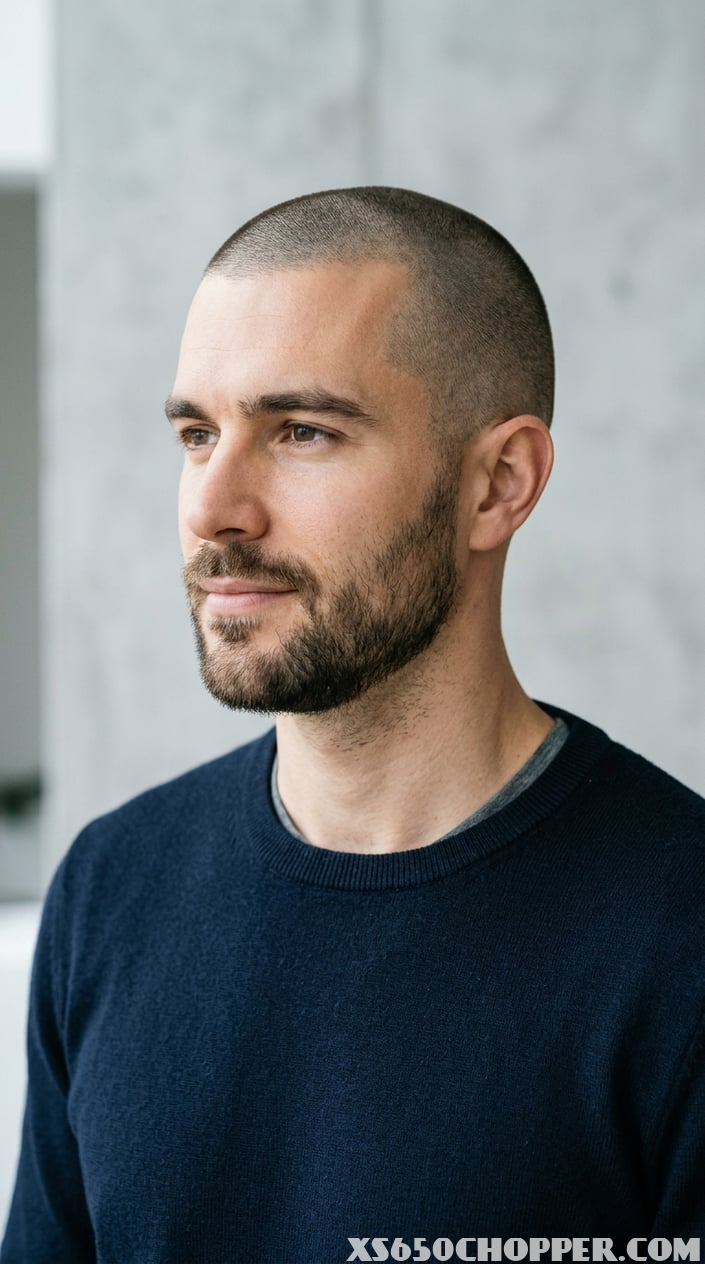 A man with a very short buzz cut hairstyle showing the shape of his skull.