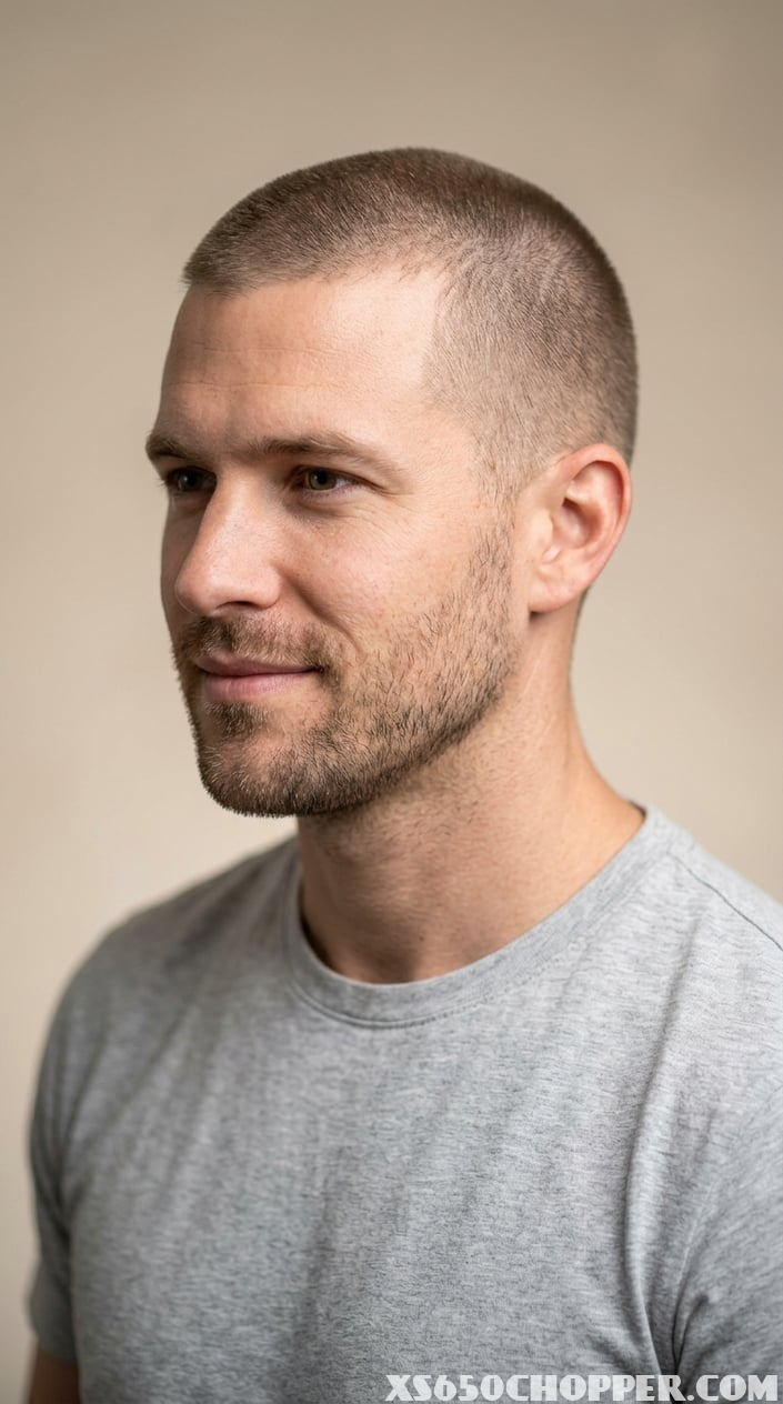 A man with a short buzz cut hairstyle looking slightly to the side in a neutral background.