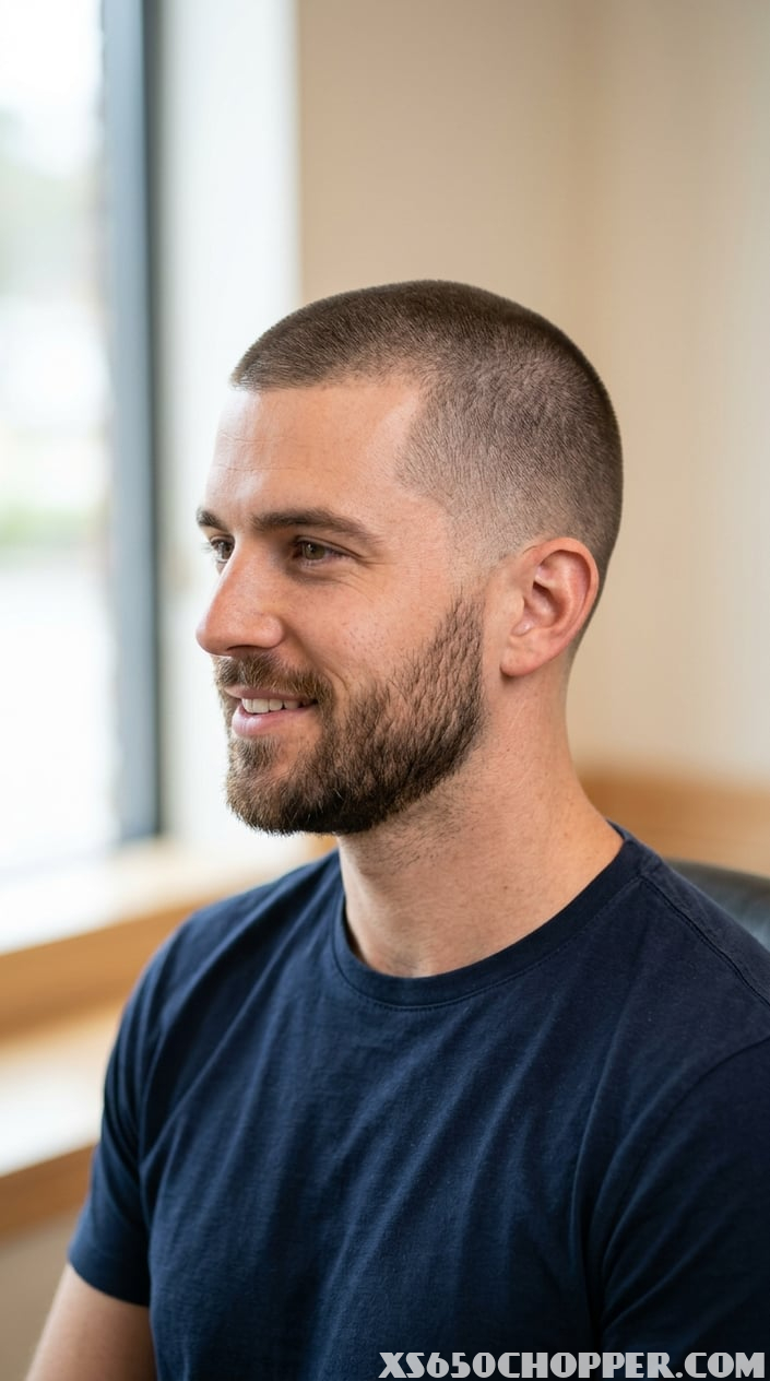 A man with a neat buzz cut hairstyle showing a smooth and even trim around the head.