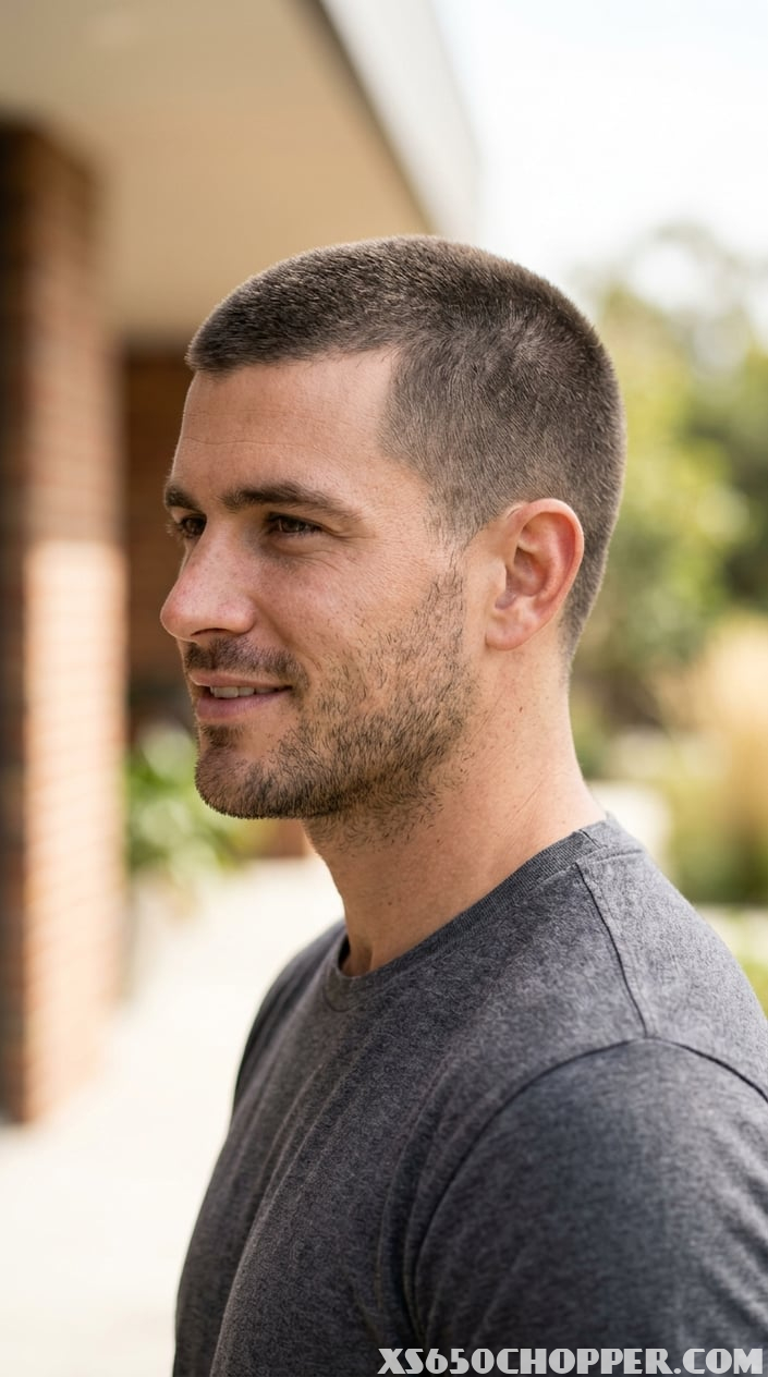 A man with a short, textured buzz cut hairstyle standing against a plain background.