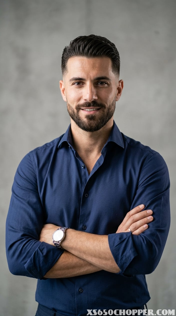 Portrait of a man with a neatly trimmed beard and short haircut against a plain background.