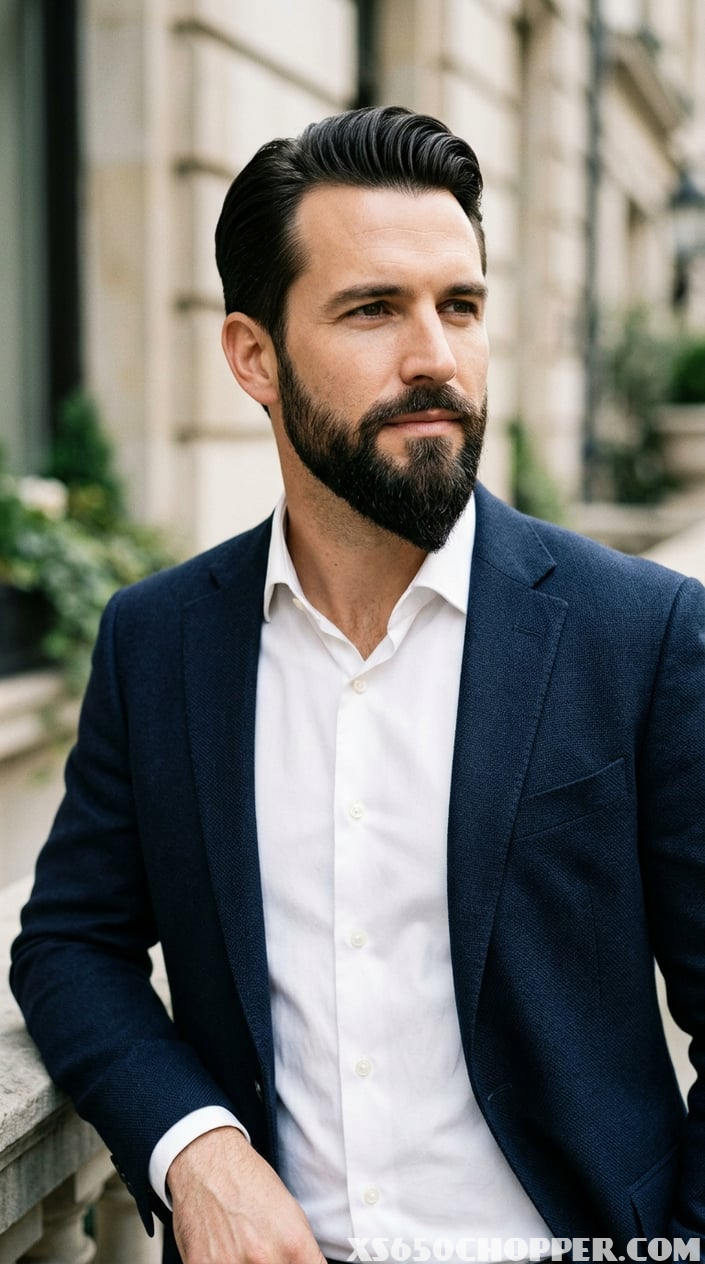 A confident man with a neatly groomed pointed beard on his chin, wearing a classic outfit and standing against a neutral background.
