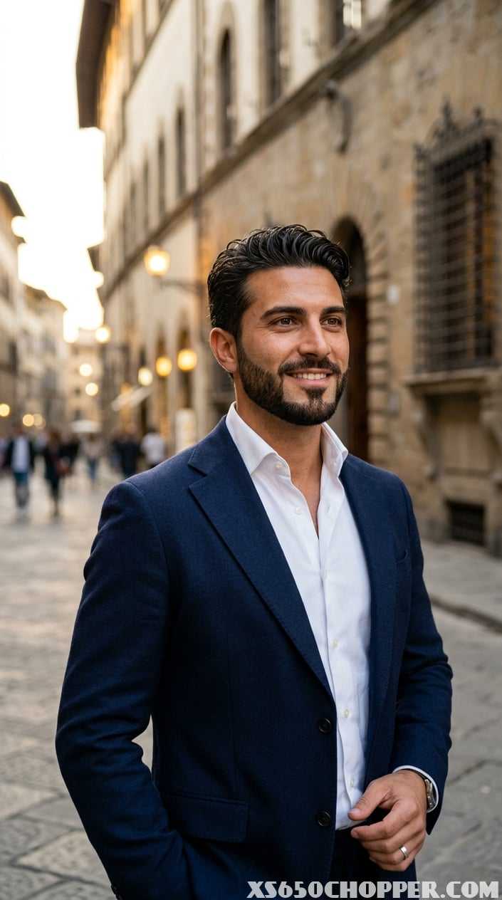 A confident man with dark hair and a neatly groomed beard stands outdoors in front of an elegant city background, wearing a dark blazer and white shirt.
