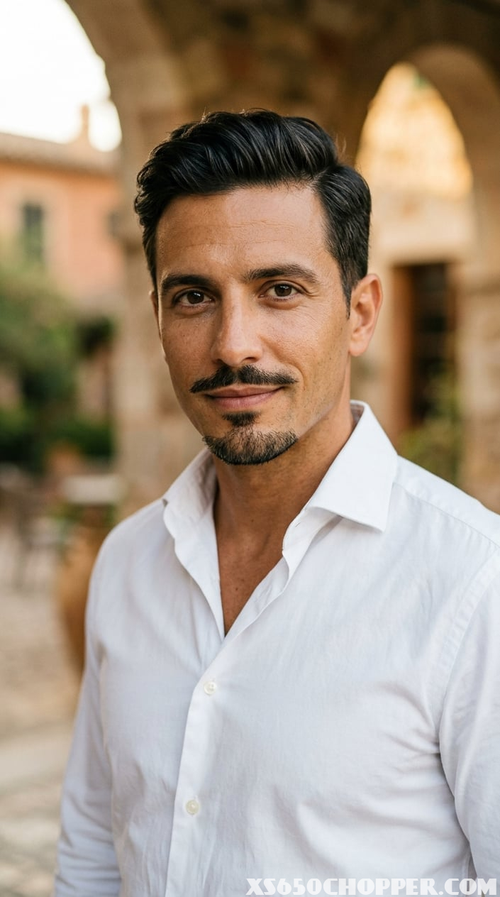 Close-up portrait of a Mediterranean man with a pencil mustache and goatee, wearing a white shirt against a warm, blurred background.