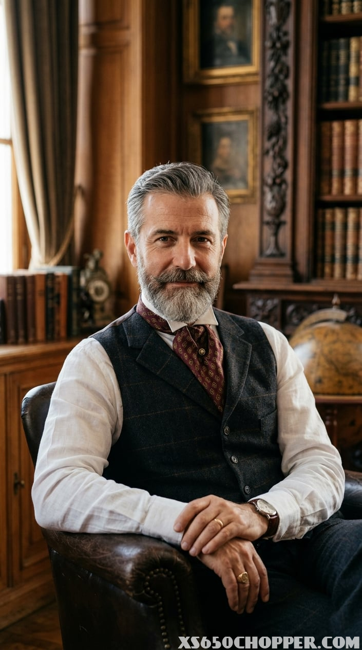 A middle-aged man with a rounded beard wearing elegant vintage clothing, sitting in a warm, softly lit room with antique furniture.