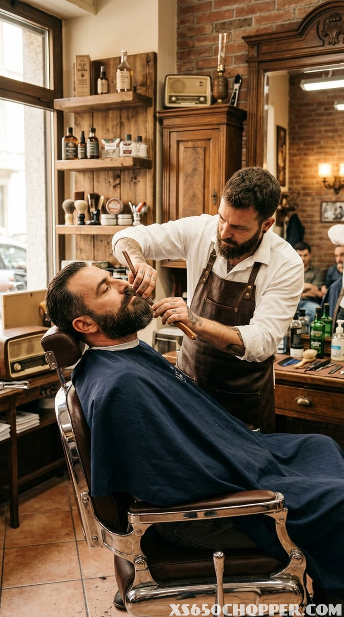 A barber carefully trims a man's beard in a classic Milan barber shop filled with grooming products and wooden shelves.