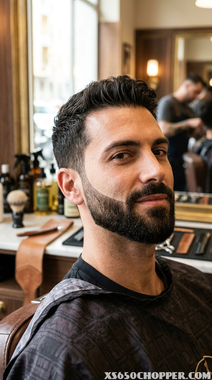 Close-up of a man with a precisely groomed beard and sharp cheek line in a barbershop.