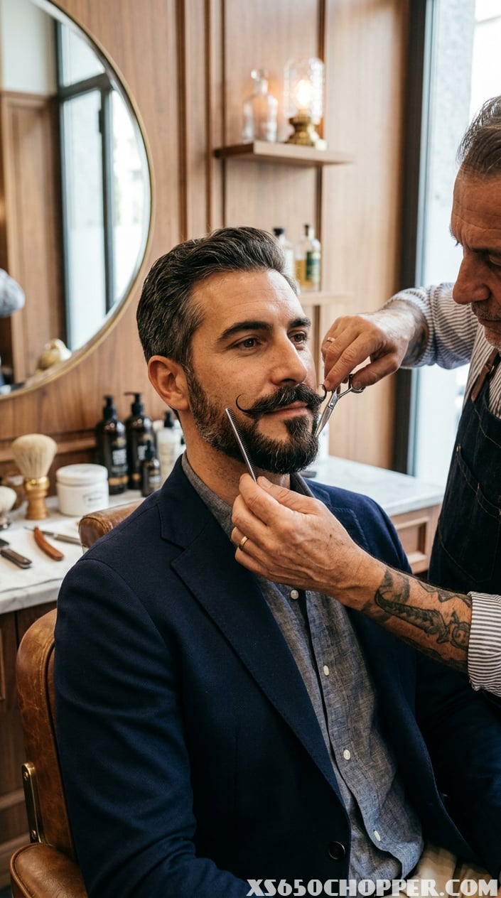 A man with a neatly groomed beard and mustache is having his facial hair shaped by a barber in a stylish barbershop.
