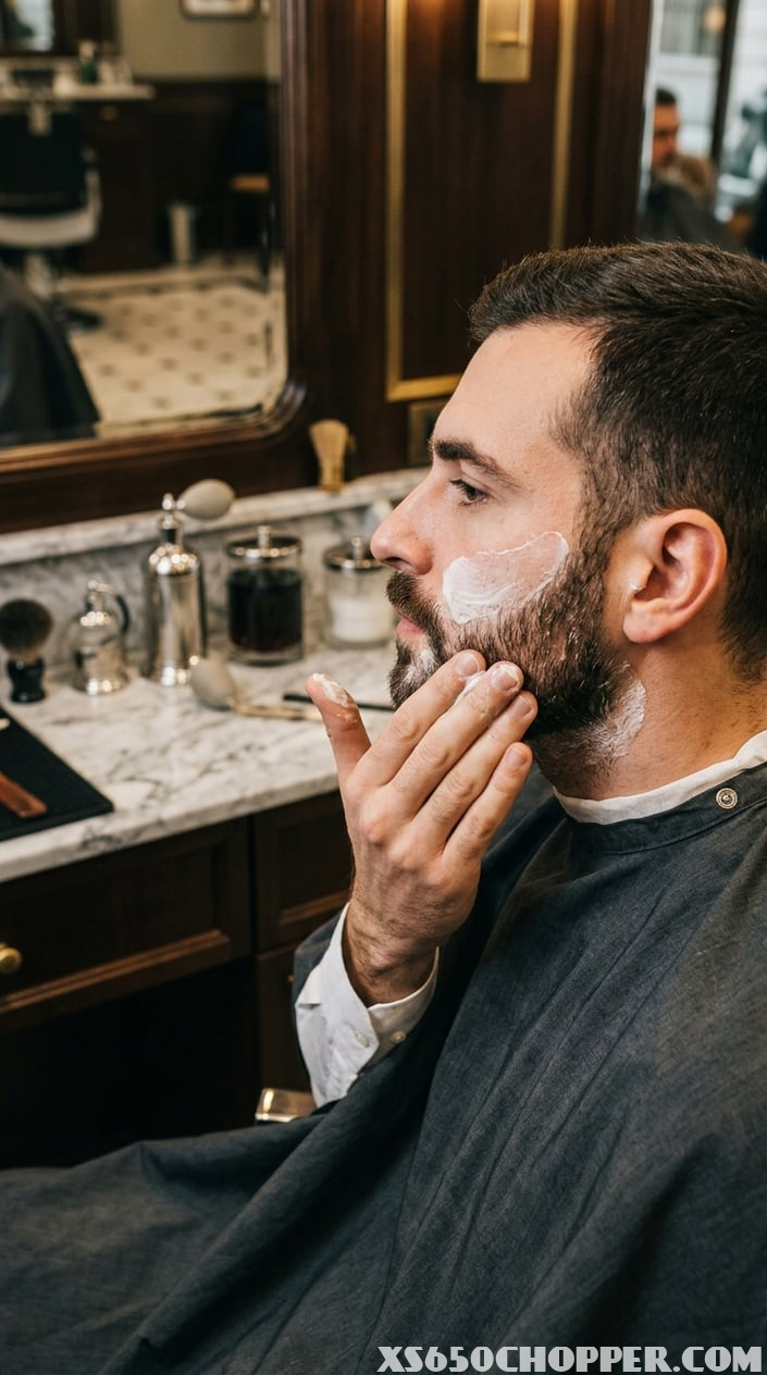 A man applying pre-shave cream to his beard in a stylish barber shop.