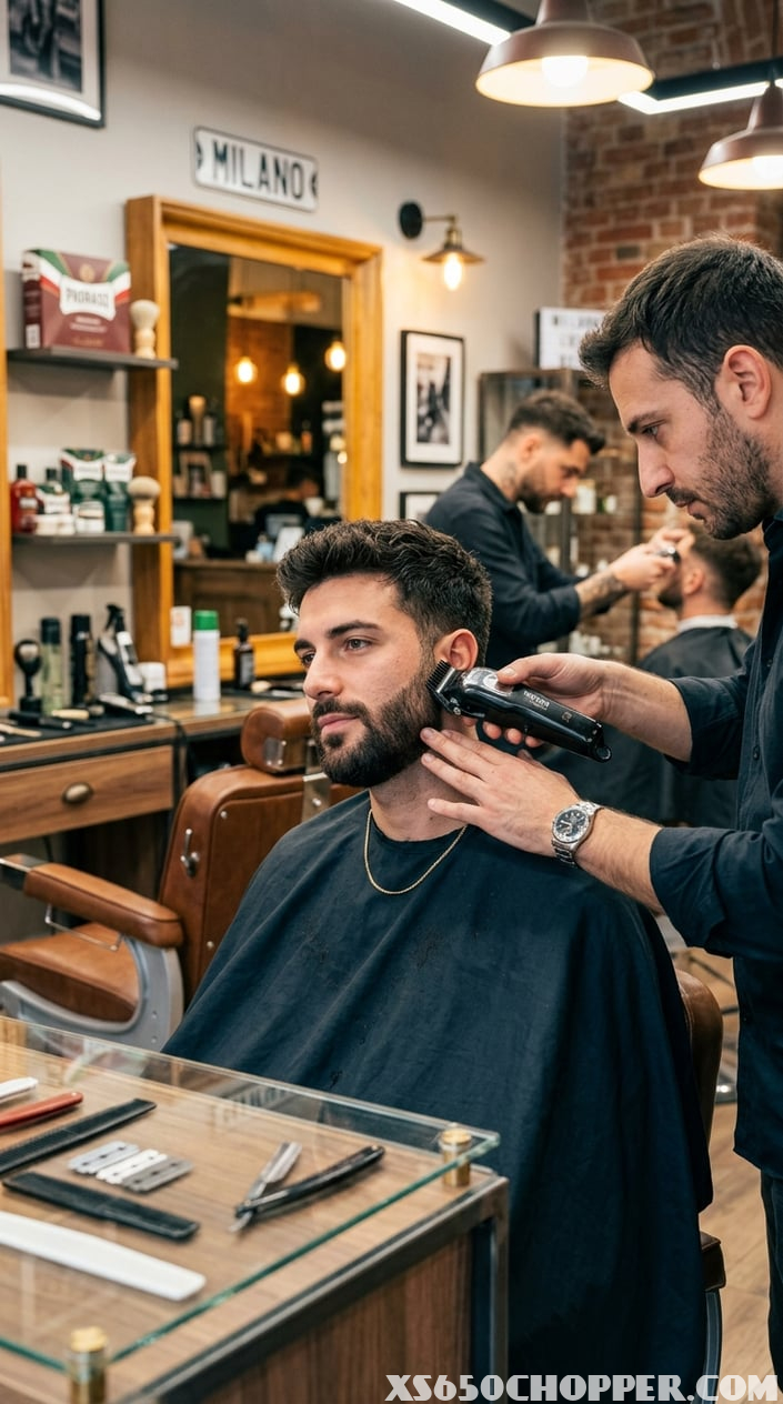 A man having his beard trimmed with an electric clipper by a barber in a modern barbershop.