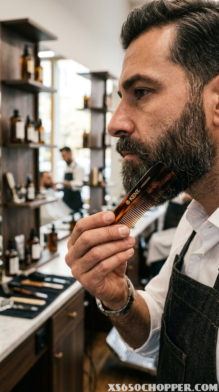 Close-up of a man's hand using a small comb to groom a well-kept beard in a barber shop.