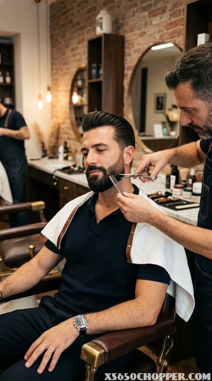 A man with a neatly shaped beard is getting a precise beard trim from a barber in a modern barbershop.