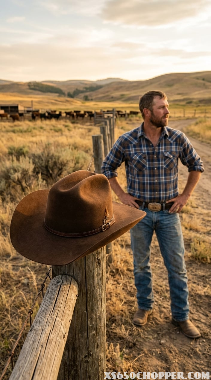 A brown felt cowboy hat on a wooden fence post with a man in cowboy clothing standing in a ranch landscape.