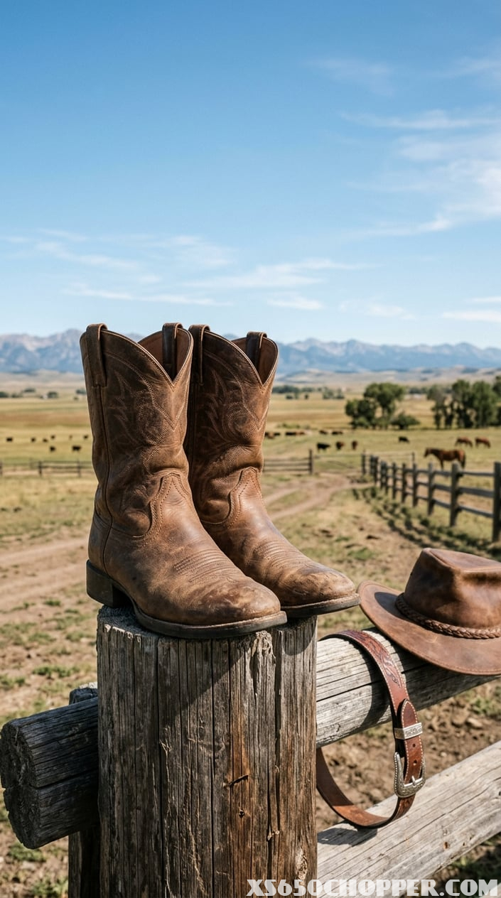 A pair of worn leather cowboy boots resting on a wooden fence post with a cowboy hat and belt nearby, set against an open ranch landscape.