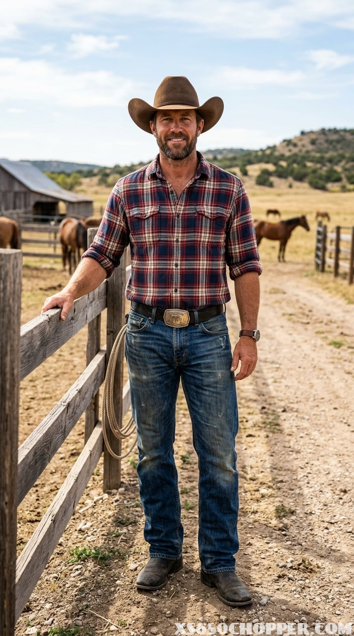 A man standing outdoors on a ranch wearing straight jeans, a plaid shirt, cowboy boots, and a cowboy hat.