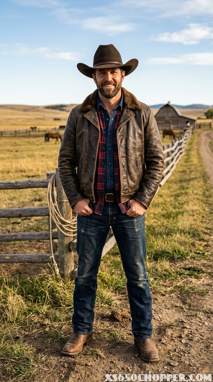 Man standing outdoors on a ranch wearing a brown leather jacket, cowboy hat, plaid shirt, and jeans with wooden fences and open fields in the background.