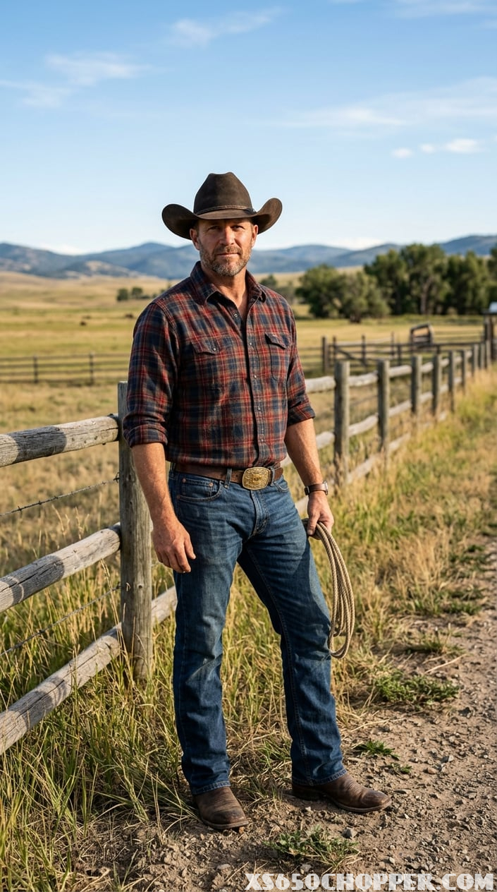 A man standing outdoors on a ranch wearing dark bootcut jeans, a plaid shirt, cowboy boots, and a wide-brimmed hat.