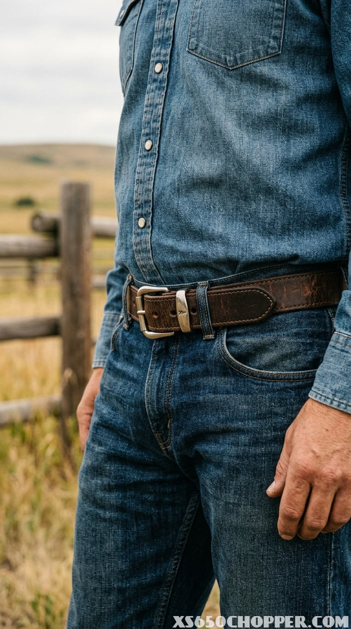 Close-up of a man wearing a brown leather belt with a denim shirt and blue jeans, standing outdoors near a wooden fence on a ranch.