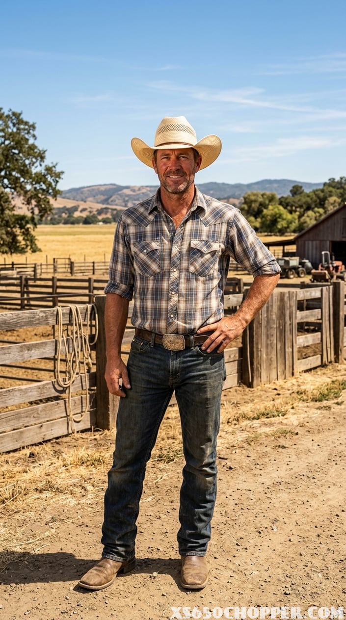 A man wearing a straw cowboy hat and ranch clothing standing outdoors on a sunny day with a wooden fence and open fields in the background.
