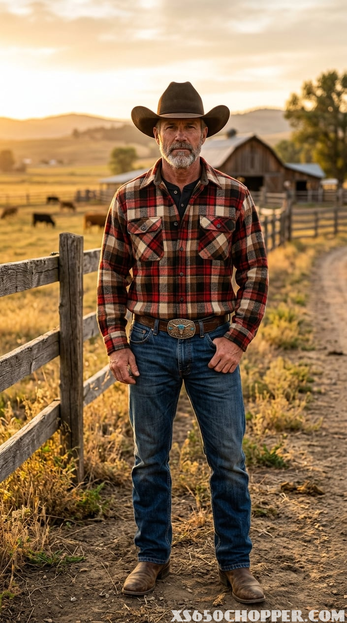 A man wearing a plaid wool shirt, cowboy hat, jeans, and boots standing outdoors on a ranch with a wooden fence and open fields behind him.