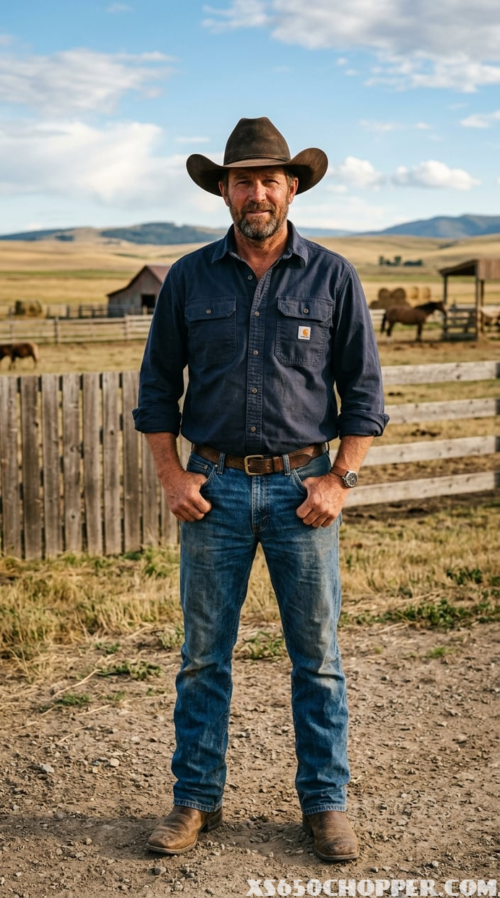 A man wearing a rugged work shirt and cowboy hat stands outdoors on a ranch with a wooden fence and open fields behind him.