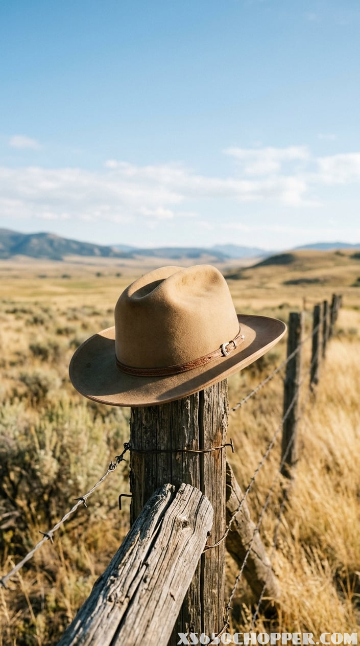 A tan cowboy hat resting on a wooden fence post in an open prairie landscape with hills and a clear sky.