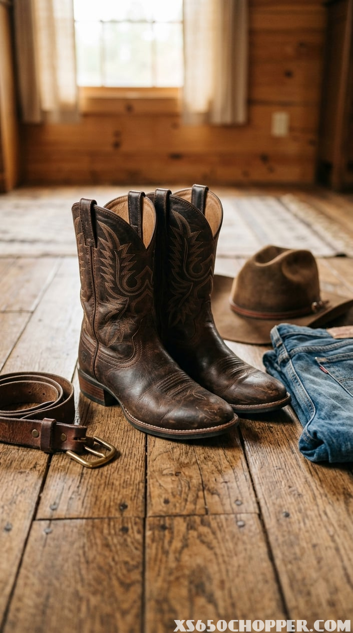 A pair of brown leather cowboy boots on a wooden floor with a cowboy hat and belt nearby.
