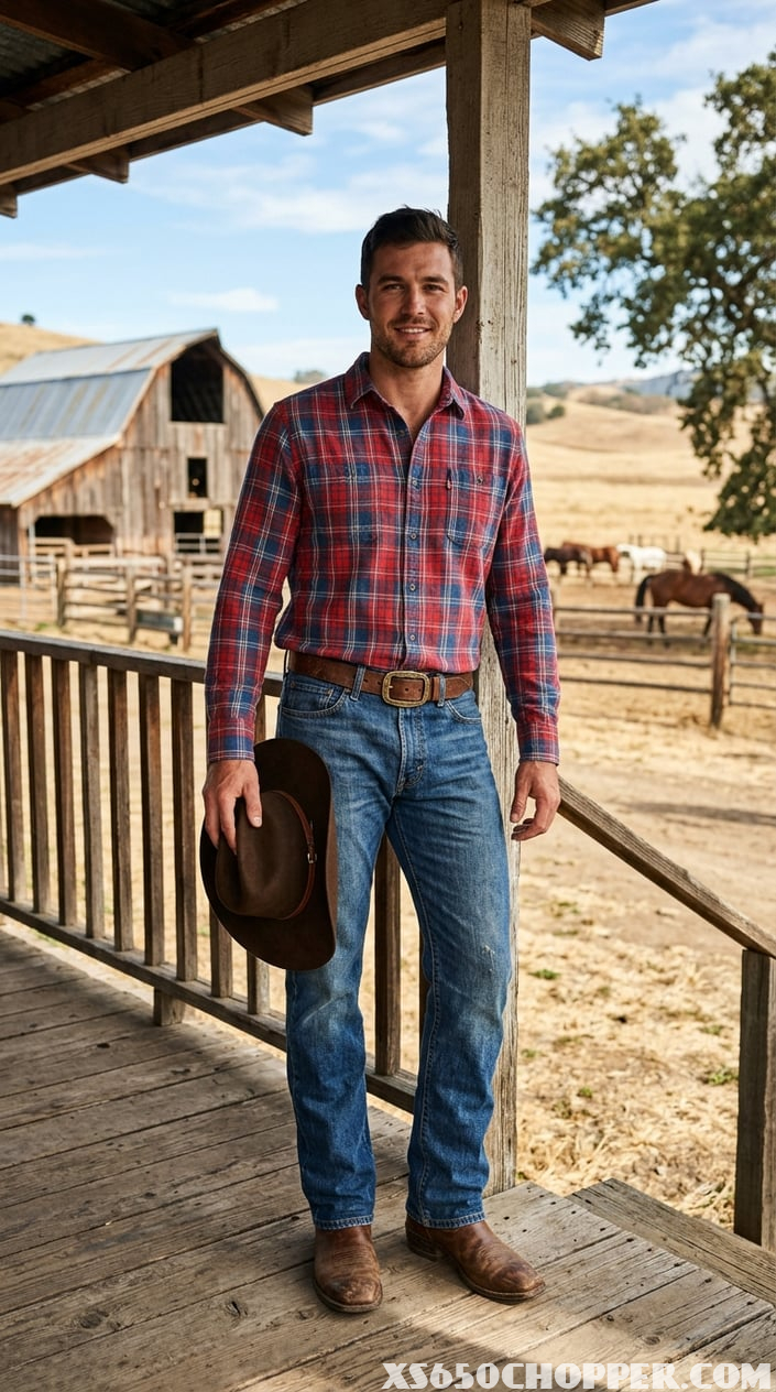 A man standing on a wooden porch wearing Levi's jeans, a plaid shirt, cowboy boots, and holding a cowboy hat with a ranch background.