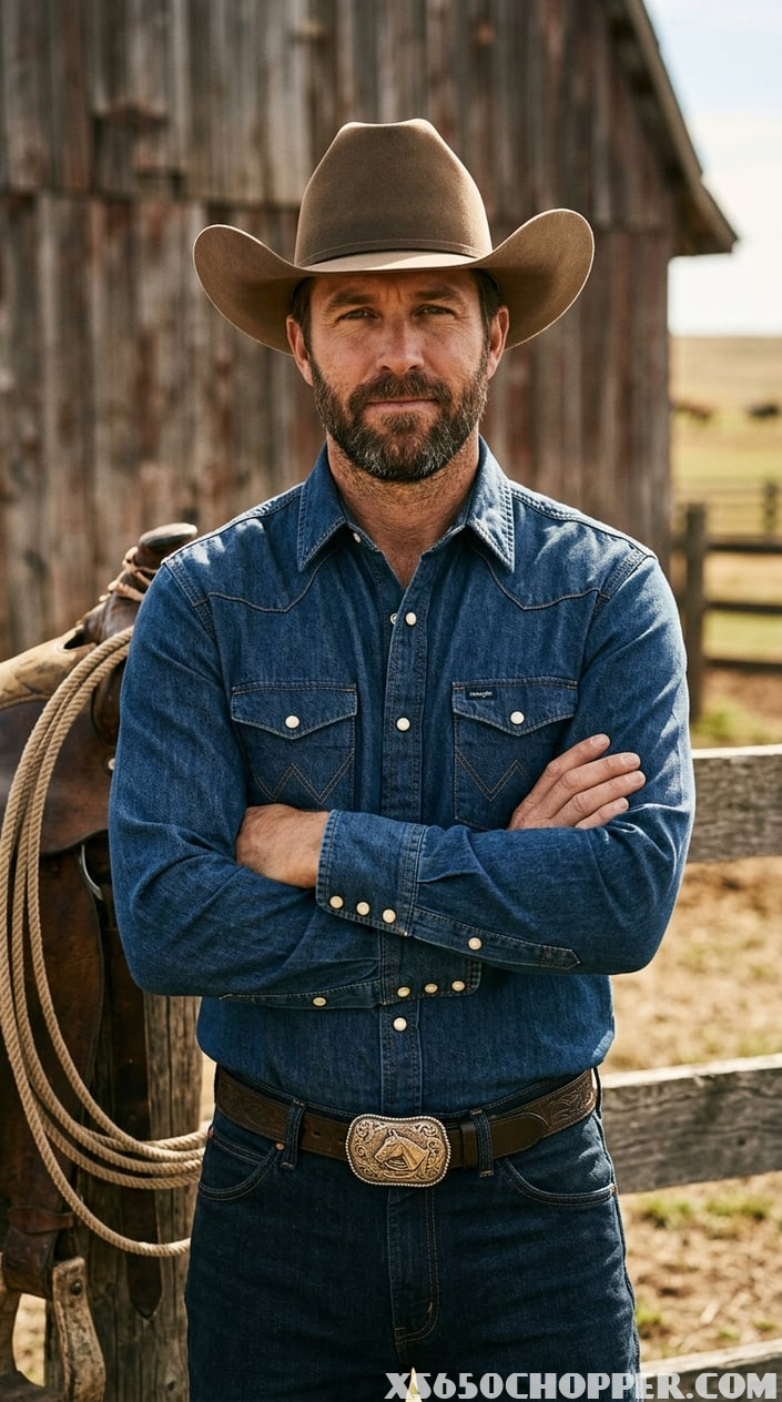 A Wrangler pearl snap western shirt displayed with cowboy accessories on a rustic wooden background.