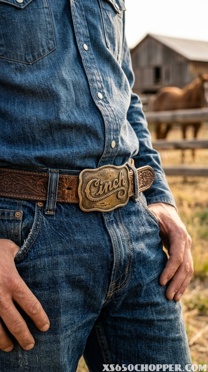 Close-up of a person wearing a vintage leather belt with a metal buckle as part of a cowboy outfit outdoors.