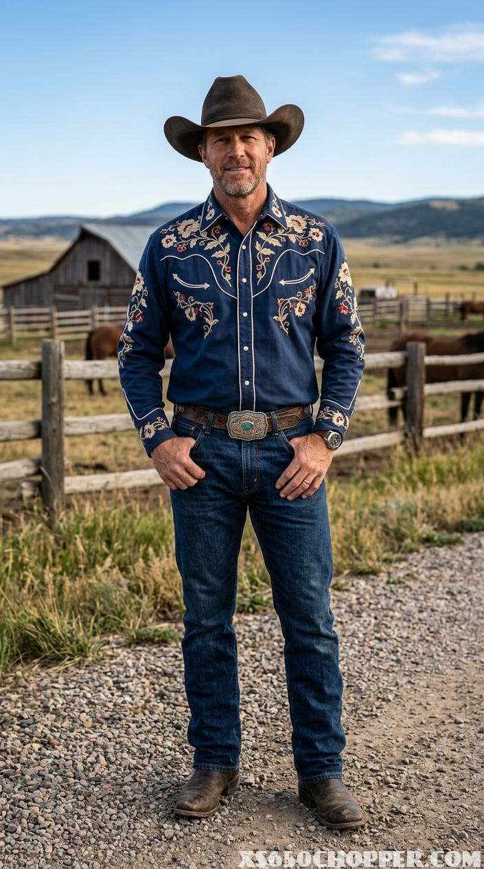 A man wearing a western yoke shirt and cowboy hat stands outdoors on a ranch with wooden fences and open fields behind him.