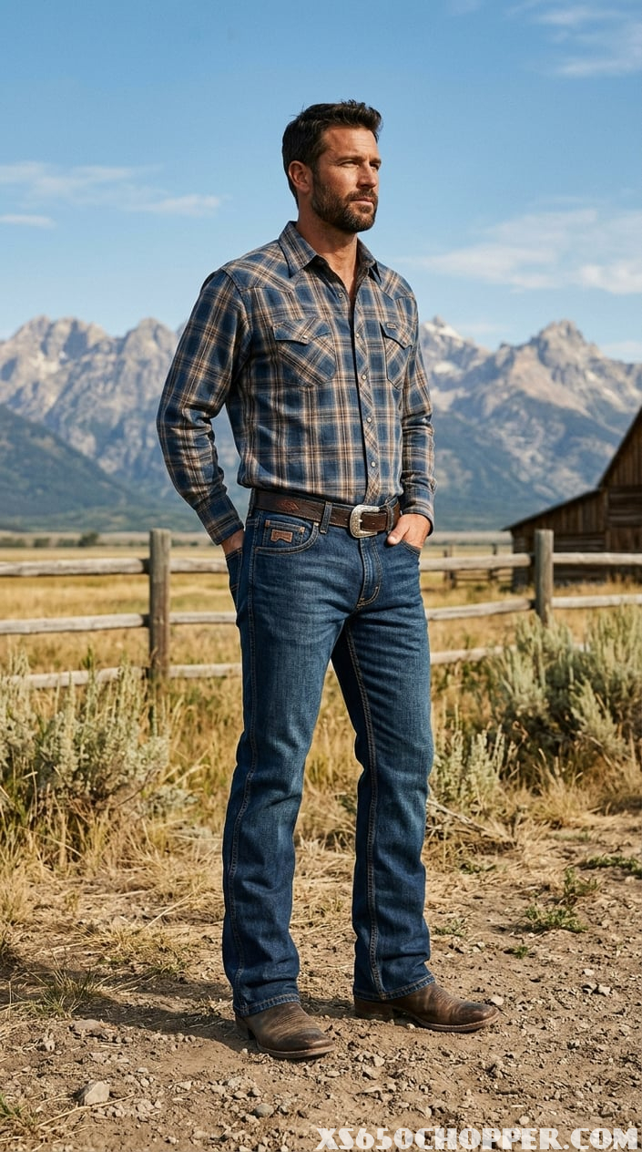 A man wearing bootcut jeans, a plaid shirt, and cowboy boots stands outdoors in a field with a wooden fence and mountains in the background.